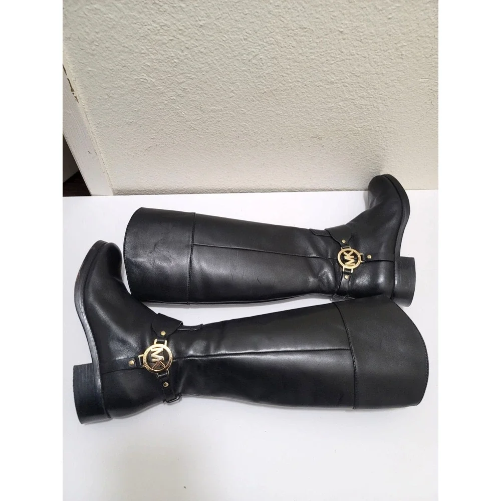 Michael Kors Womens Black Leather Knee-High Riding Boots With Gold MK Logo & Sid
